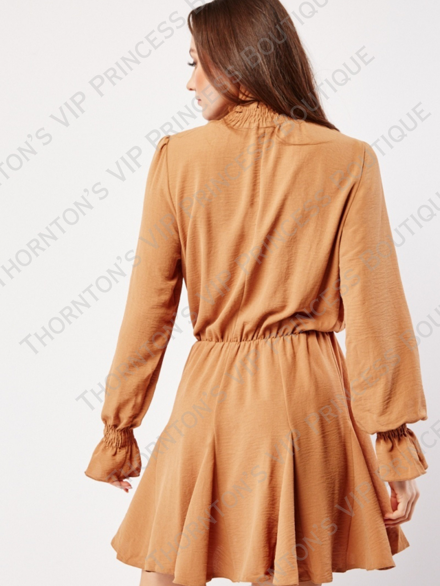 AXPARIS Frill Neck Camel Dress