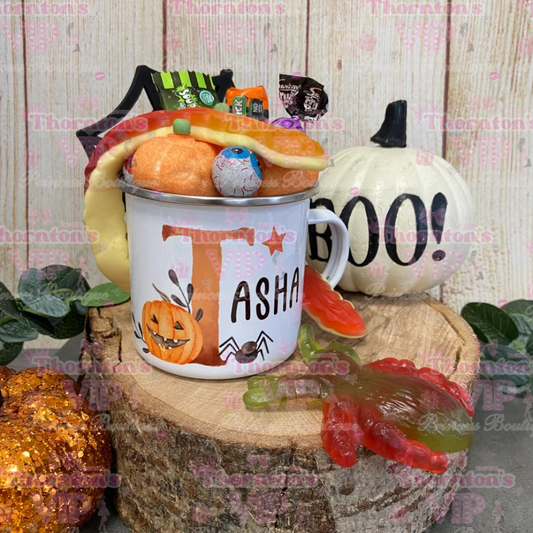 Personalised Halloween Enamel Mug with Sweets – Custom Initial & Name Gift (12oz)