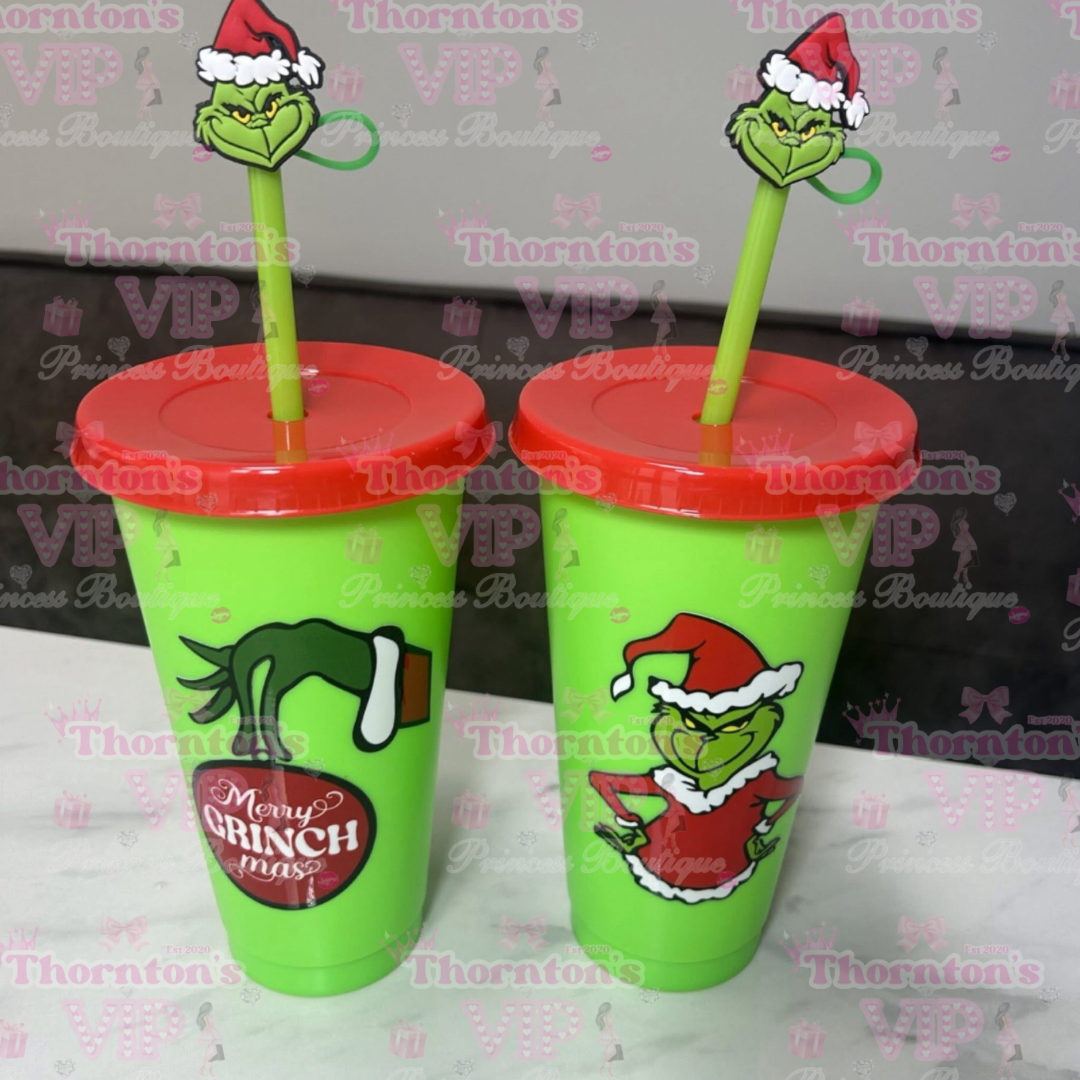 Festive Green Character Christmas Cold Cup with Straw Topper – 24oz Reusable Tumbler