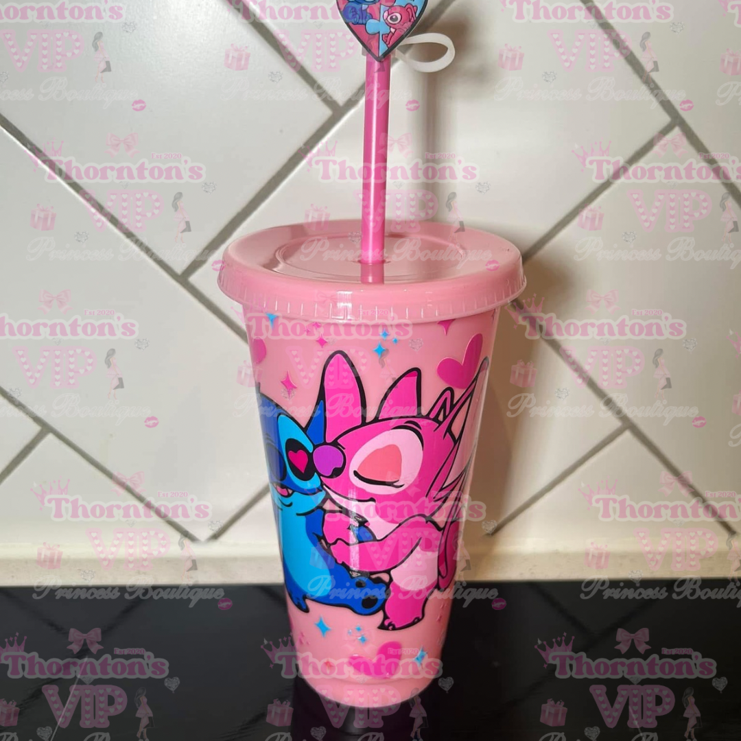 Stitch-Inspired Pink Cold Cup with Straw – 24oz Reusable Tumbler