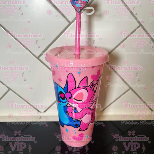 Stitch-Inspired Pink Cold Cup with Straw – 24oz Reusable Tumbler