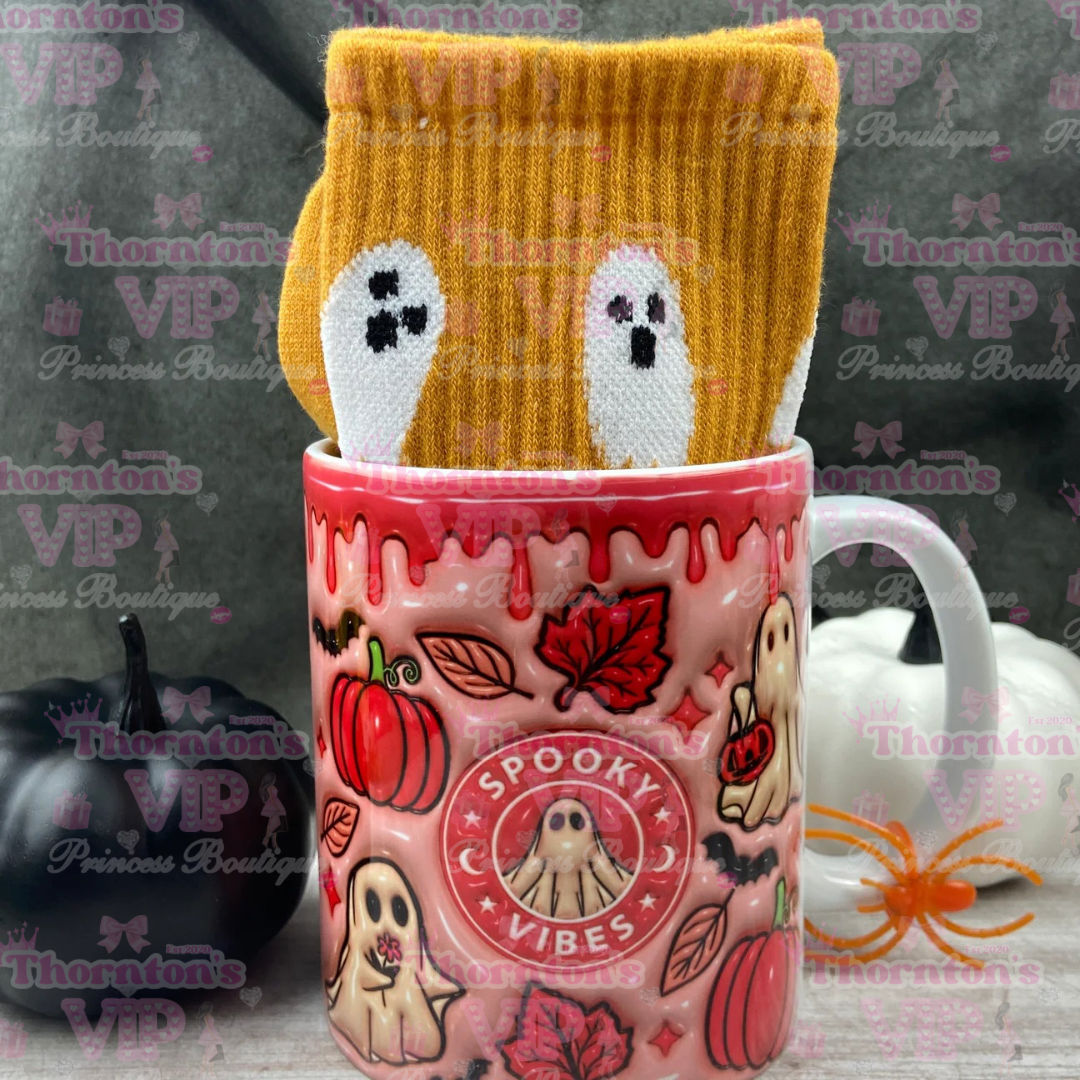 Spooky Vibes 3D Halloween Mug & Socks Gift Set – Orange or Pink Ghost Pumpkin Design