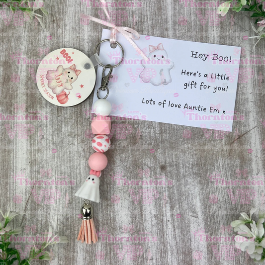 Personalised Pink Ghost Keychain – Custom Name Cute Bag Accessory