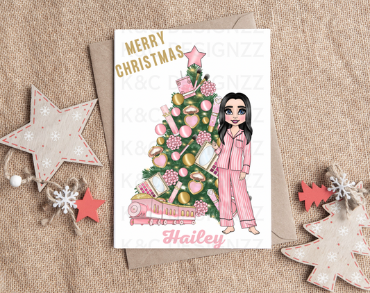 Personalised Pink Christmas Makeup Dolly Christmas Card