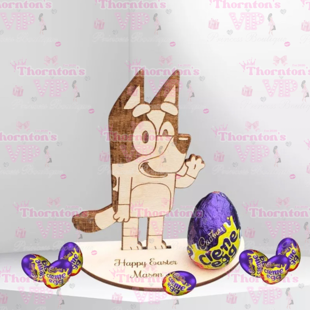 Personalised Cartoon Dog Easter Egg Holder With Chocolate Egg