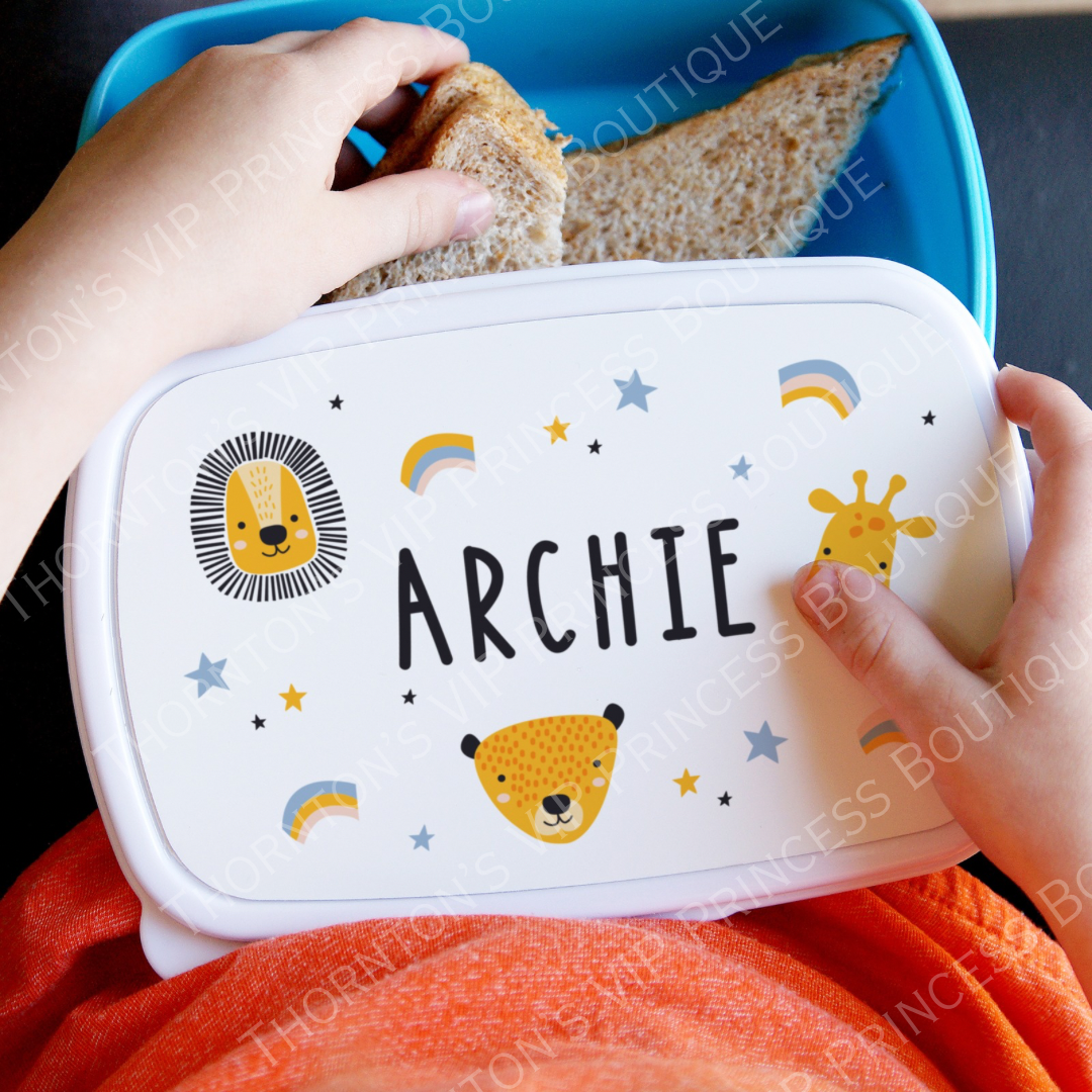 Personalised Safari Animals Blue Lunch Box