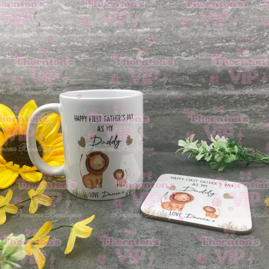 Personalised First Father’s Day Mug And Coaster Set – Lion Design Gift From Baby