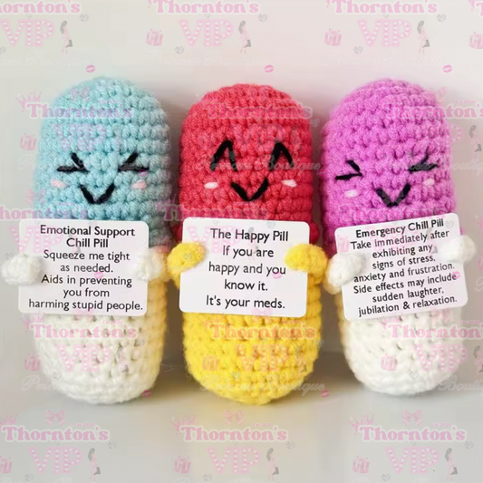 Crochet Emergency Pill – Chill Pill, Happy Pill & Emotional Support Pill