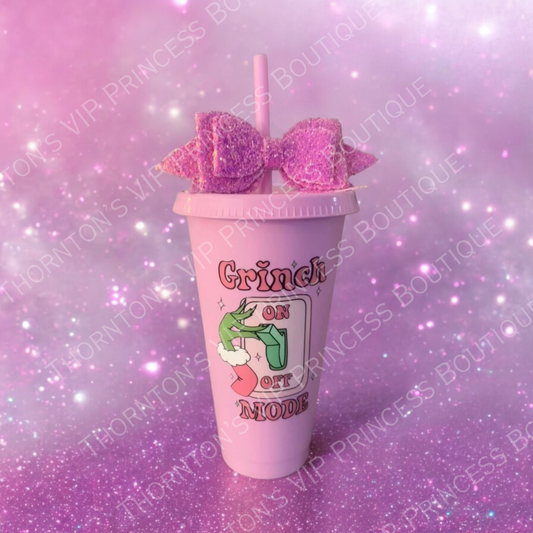 Pink ‘Grinch Mode’ Cold Cup With Glittery Bow Topper