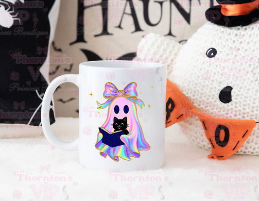 Halloween Ghost Mug – Purple Iridescent Ghost with Cat and Book (Spooky Cute Coffee Cup)