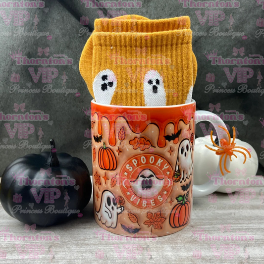 Spooky Vibes 3D Halloween Mug & Socks Gift Set – Orange or Pink Ghost Pumpkin Design