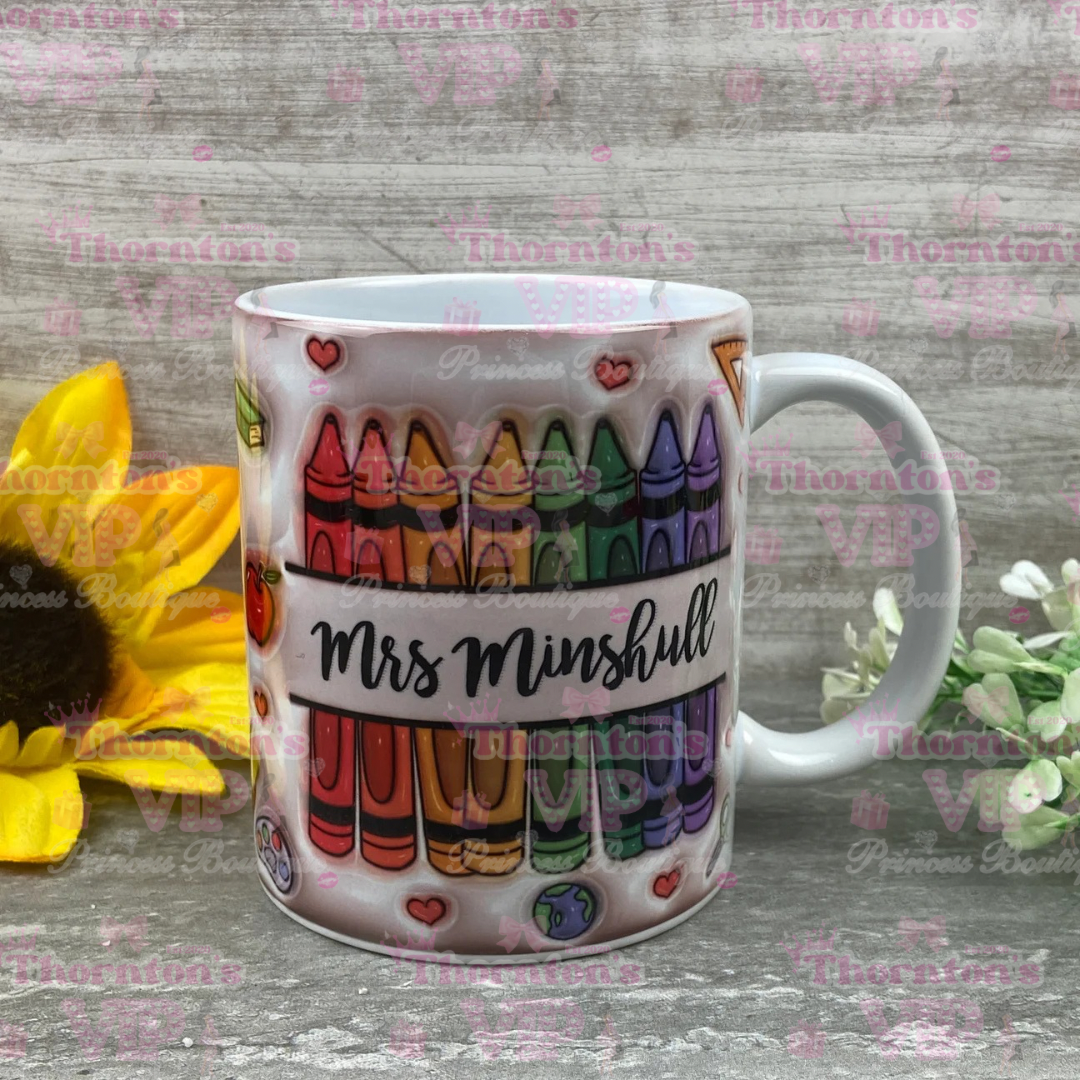Personalised Teacher Mug – Colourful 3D Crayon Design Gift for Educators