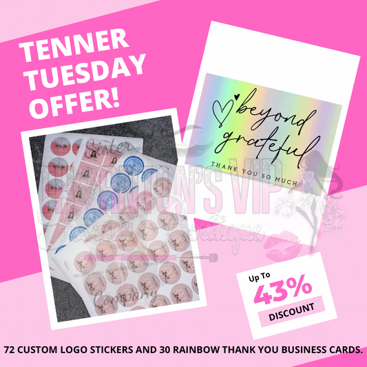 TENNER TUESDAY - 72 Custom Logo Stickers And 30 Rainbow Thank You Business Cards For £10 (RRP £17.49)