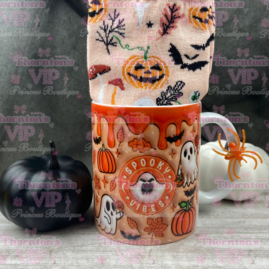 Spooky Vibes 3D Halloween Mug & Socks Gift Set – Orange or Pink Ghost Pumpkin Design