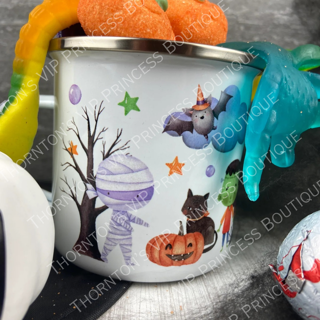 Personalised Haunted House Halloween Enamel Mug With Treats