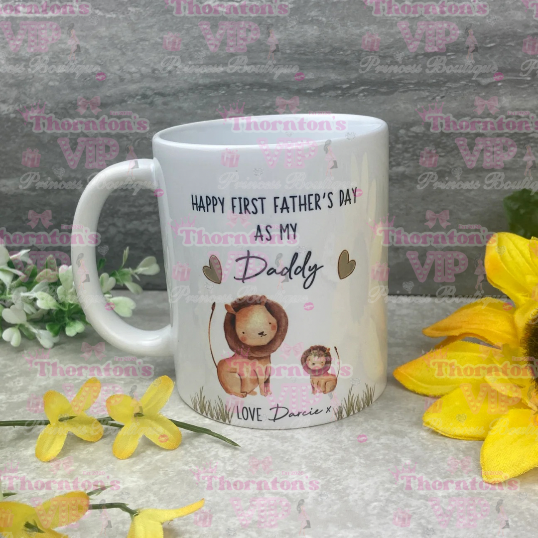 Personalised First Father’s Day Mug And Coaster Set – Lion Design Gift From Baby