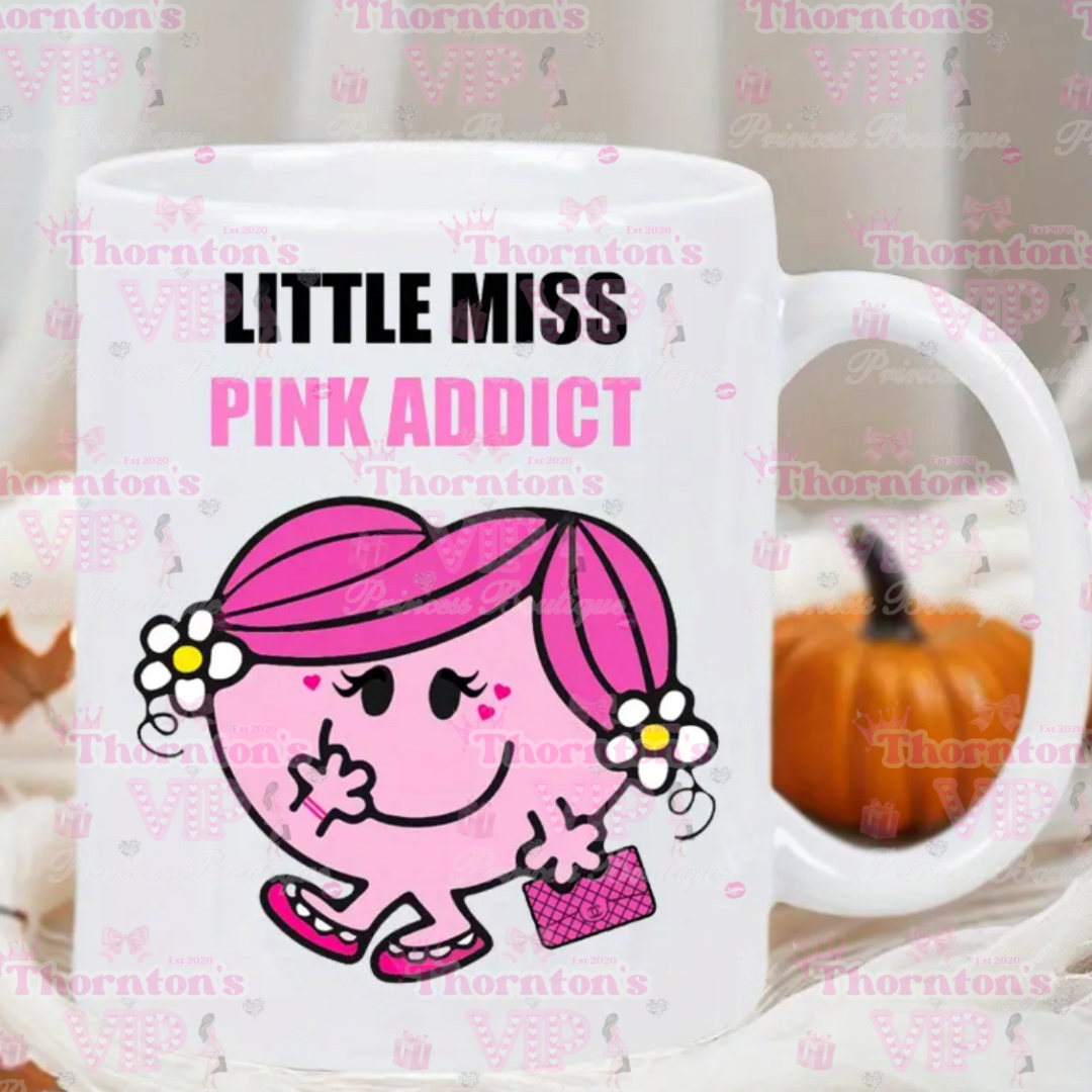 Little Miss Pink Addict Mug – Cute Pink Character Coffee Cup | Fun Gift for Her