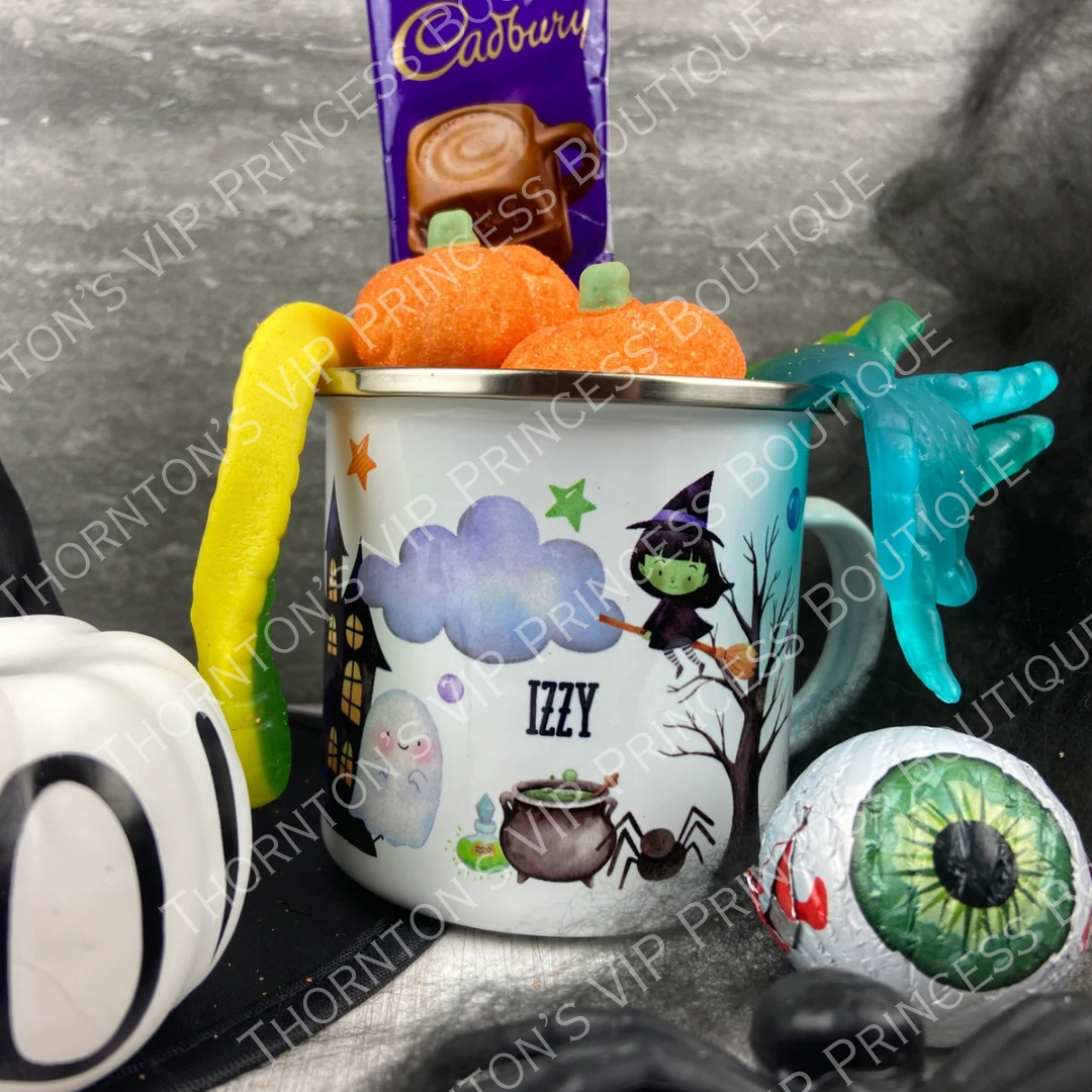 Personalised Haunted House Halloween Enamel Mug With Treats