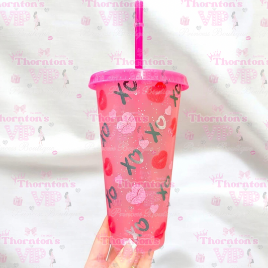 XO Pink Glitter Cold Cup