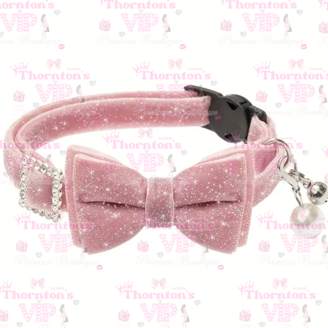 Glittery Bow Cat Collar – Sparkly Adjustable Collar with Bell (Black, Pink, or Purple)