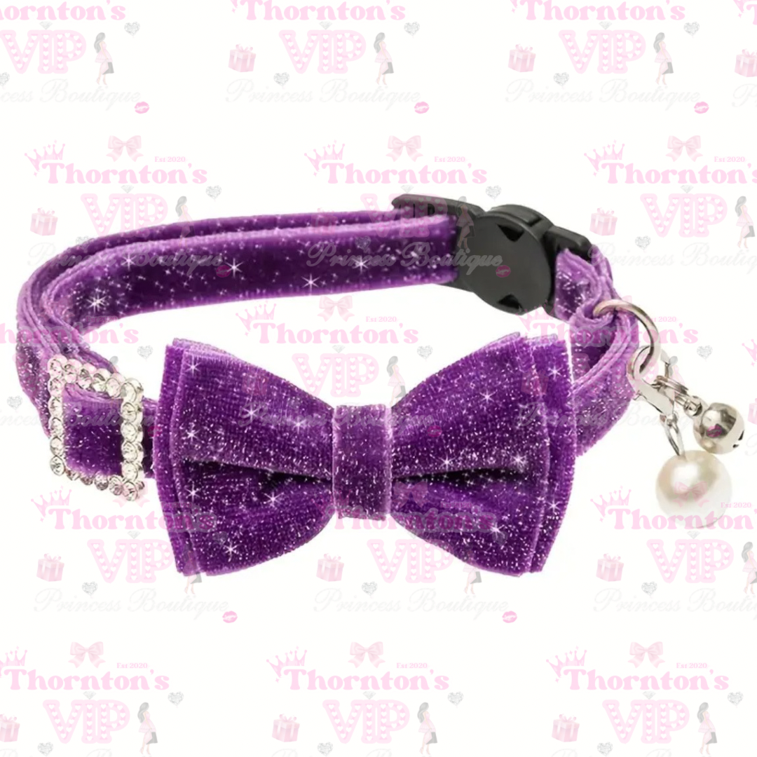 Glittery Bow Cat Collar – Sparkly Adjustable Collar with Bell (Black, Pink, or Purple)