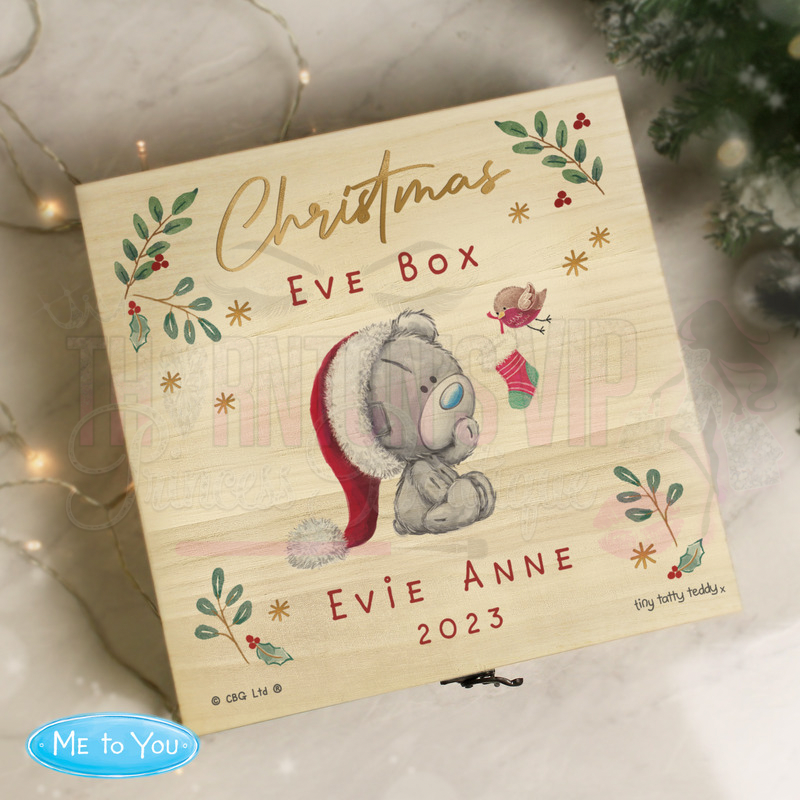 Personalised Winter Christmas Eve Tiny Tatty Teddy Large Wooden Keepsake Box