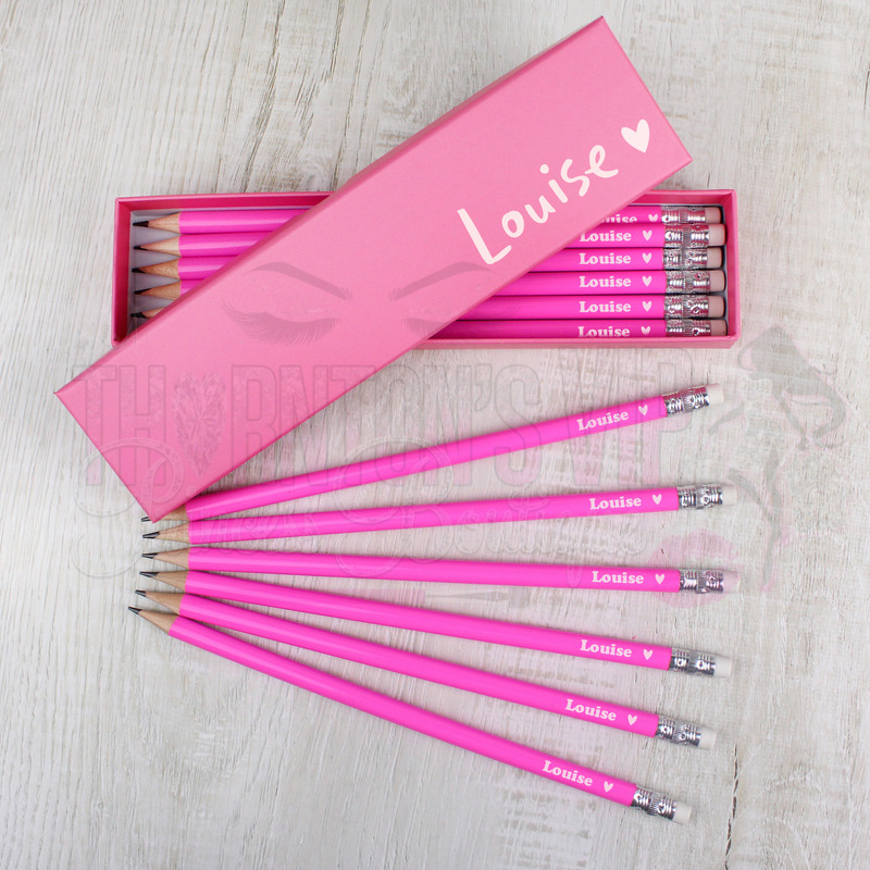 Personalised Heart Box And 12 Pink HB Pencils