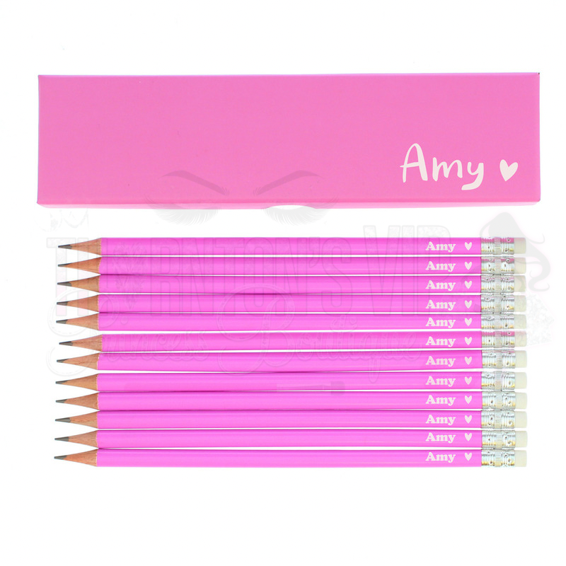 Personalised Heart Box And 12 Pink HB Pencils