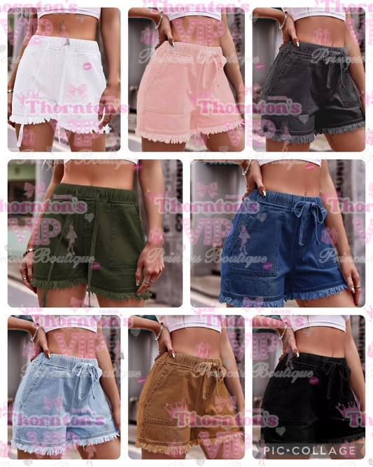 Denim Frayed Elastic Shorts - Various Colours