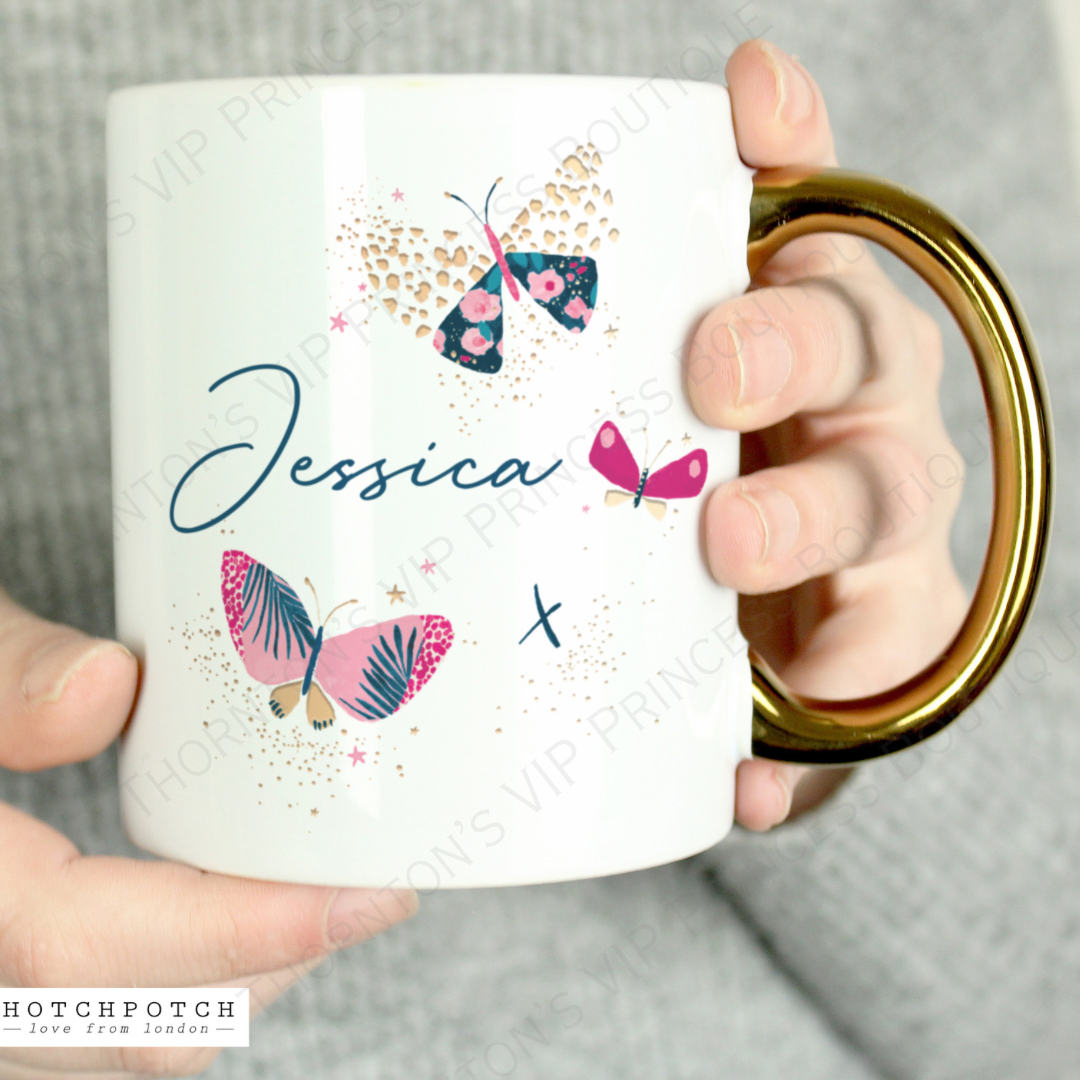 Personalised Butterfly Gold Handle Mug