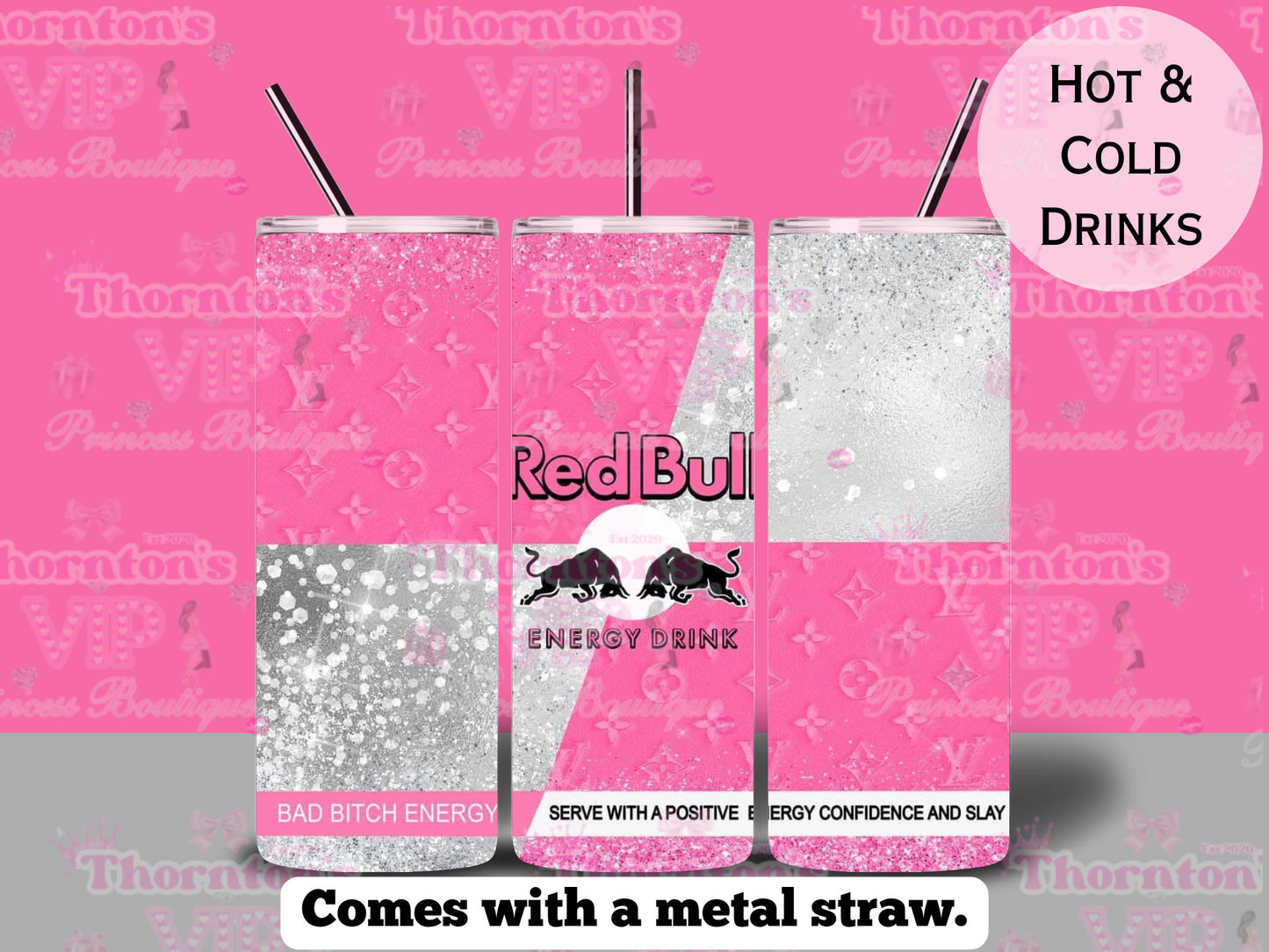 Redbull Pink And Silver LV Pattern Tumbler