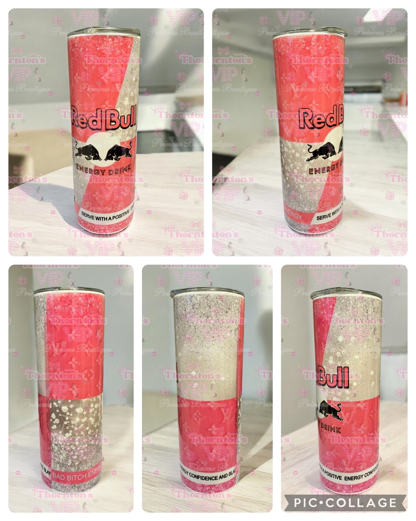 Redbull Pink And Silver LV Pattern Tumbler