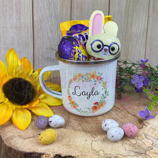 Personalised Easter Wreath Enamel Filled Mug Set