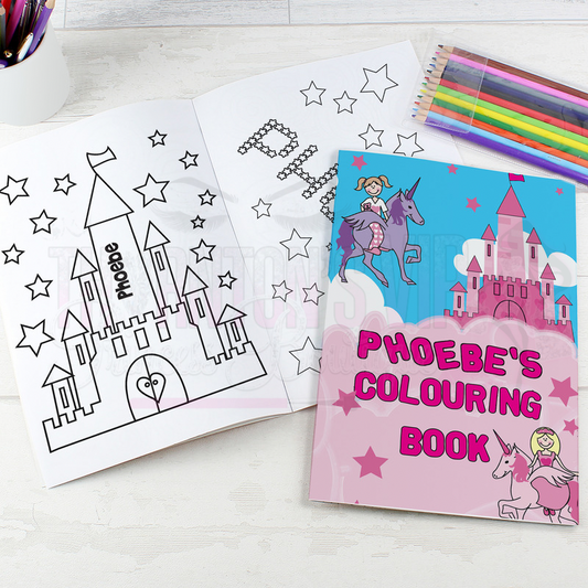 Personalised Princess & Unicorn Colouring Book With Pencil Crayons