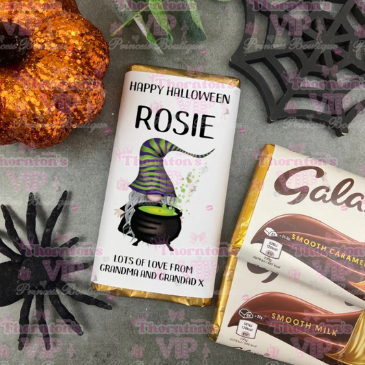 Personalised Halloween Chocolate Bar – Cauldron Witch Design (Smooth or Caramel)