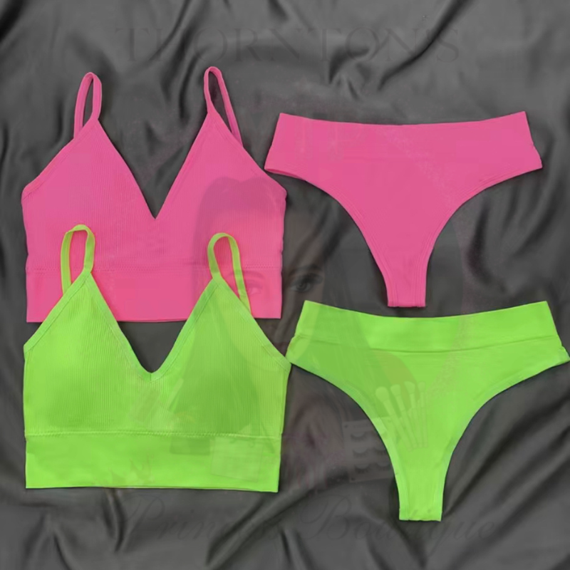 Vibrant V-Neck Ribbed Underwear Duo: Hot Pink & Neon Green