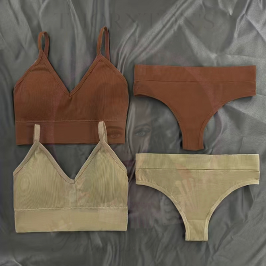Earth Tones V-Neck Ribbed Underwear Duo: Brown & Beige