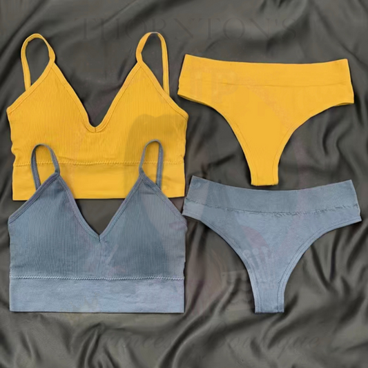 Chic V-Neck Ribbed Underwear Duo: Duck Egg Blue & Mustard Yellow