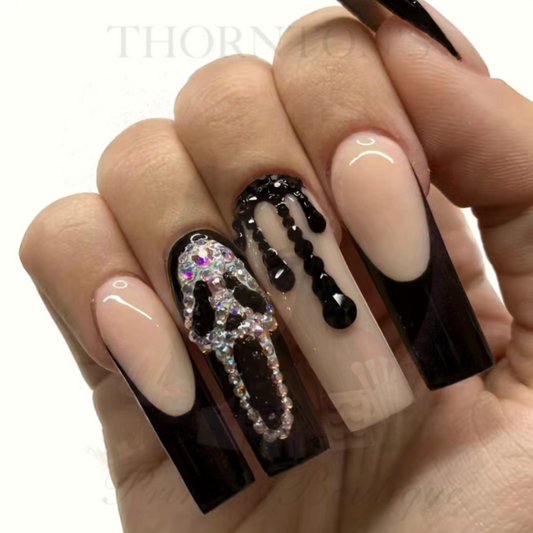 Gothic Glamour Halloween Press-On Nails with Dazzling Ghost & Blood Drip Accents