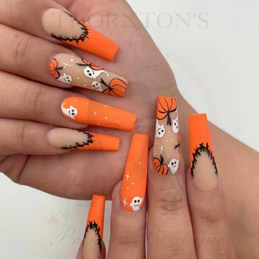 Spooky Delight Orange Halloween Press-On Nails with Ghosts & Pumpkins