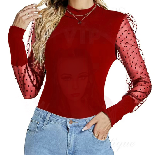Ravishing Ruby Mesh Polka Dot Sleeve Bodysuit