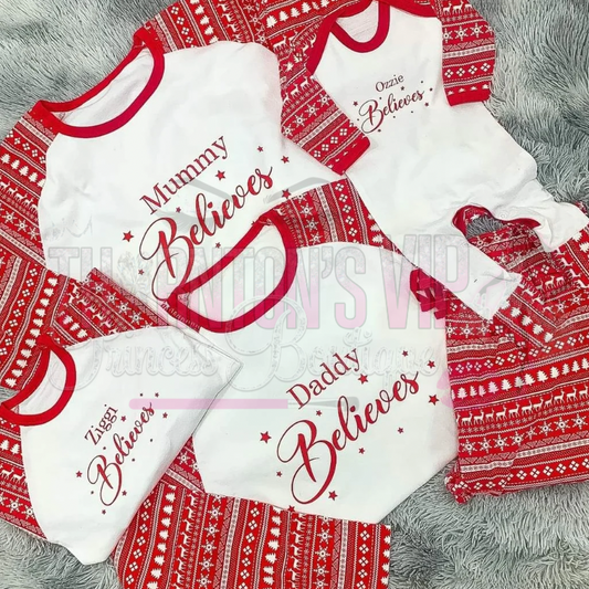 Kids Christmas Tree & Reindeer Personalised ‘Believe’ Matching PJs