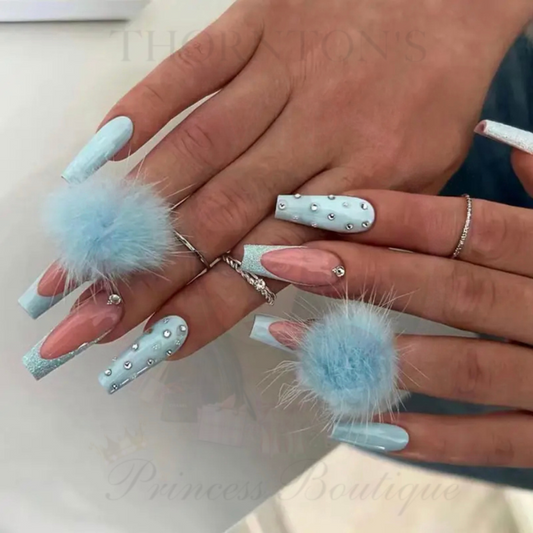 Sky Blue Pom Pom Elegance Nails