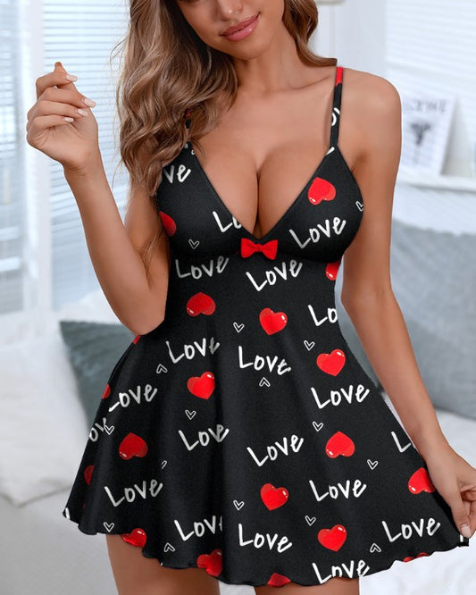 Valentine's Day Love Heart Print Bowknot Decor Nightdress