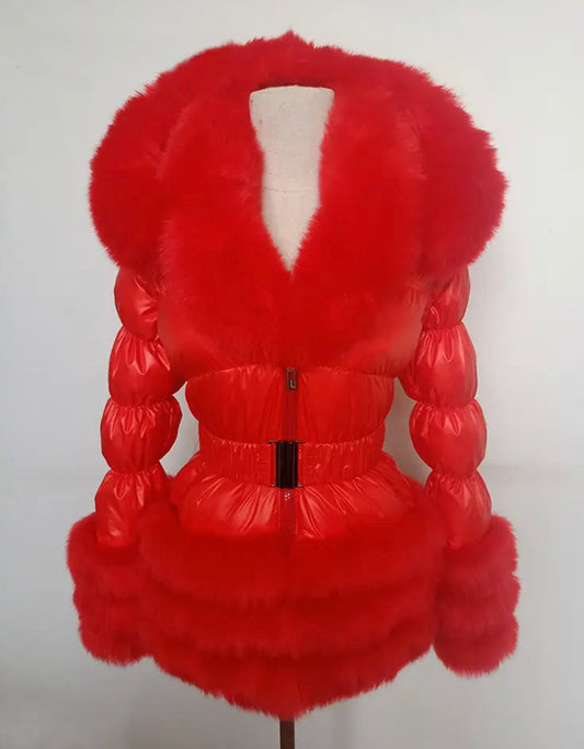 Faux Fur Puffer Belted Romany Style Coat