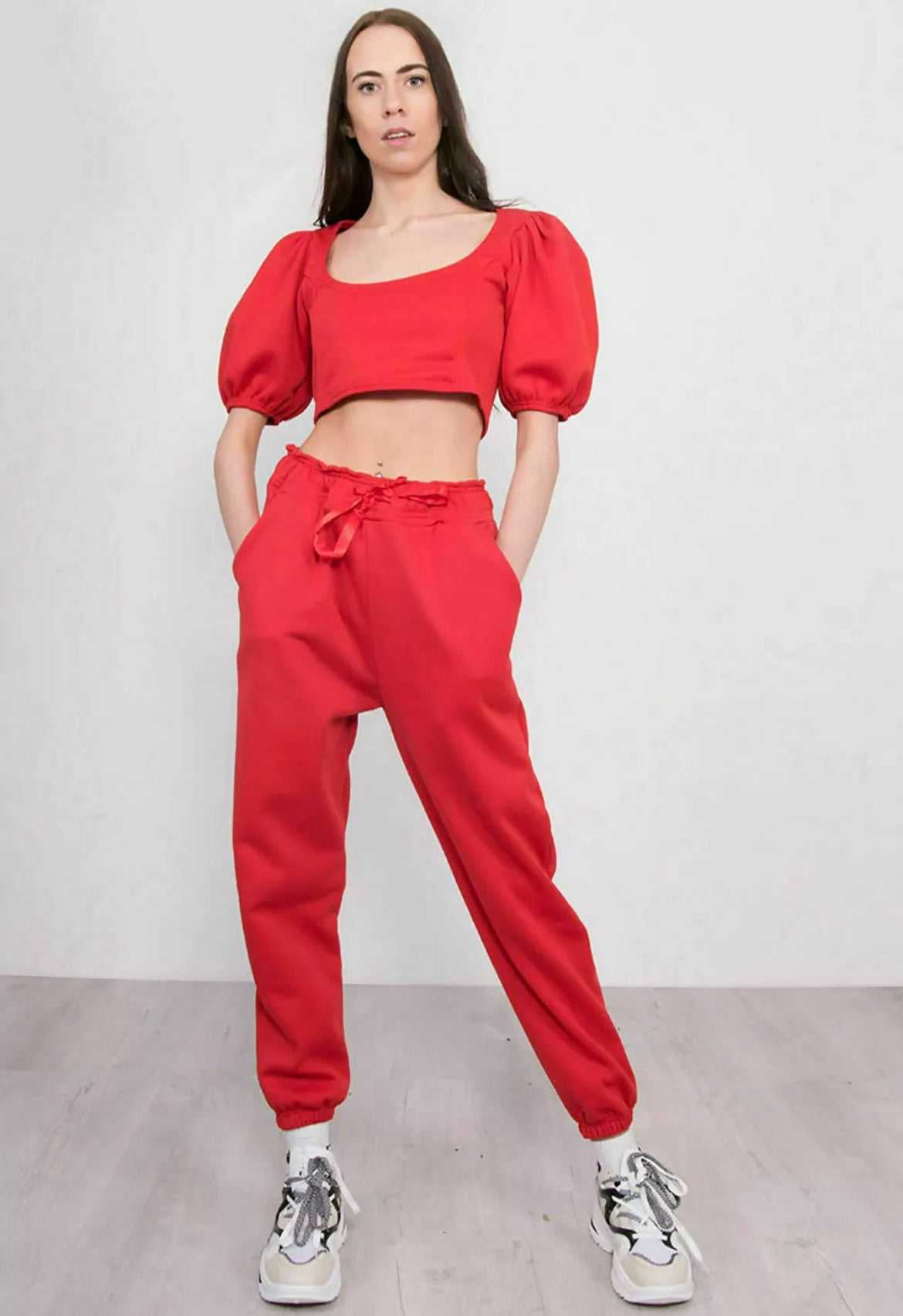Puff Sleeve Crop Top & Ribbon Tie Joggers Co Ord