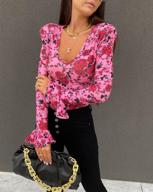 Floral Pink Bell Sleeve Top