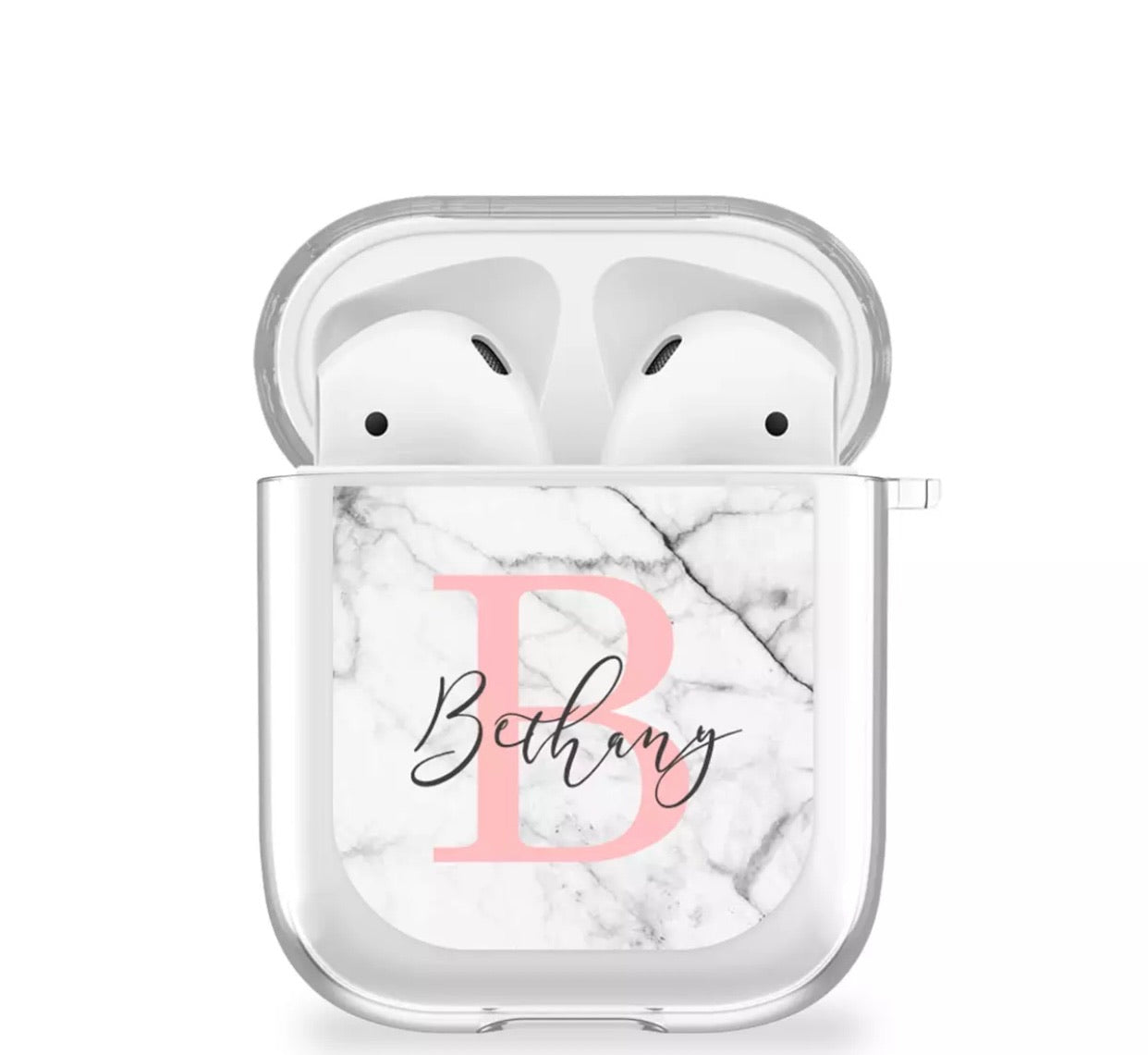 Personalised White Marble With Pink Initial Silicone AirPods Case
