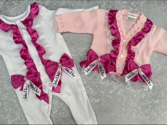 Frilly Pink D Cardigan & Sleepsuit Set