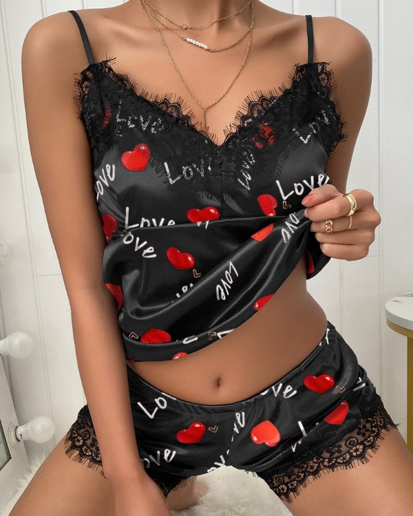 Heart Print Contrast Lace Cami Sets